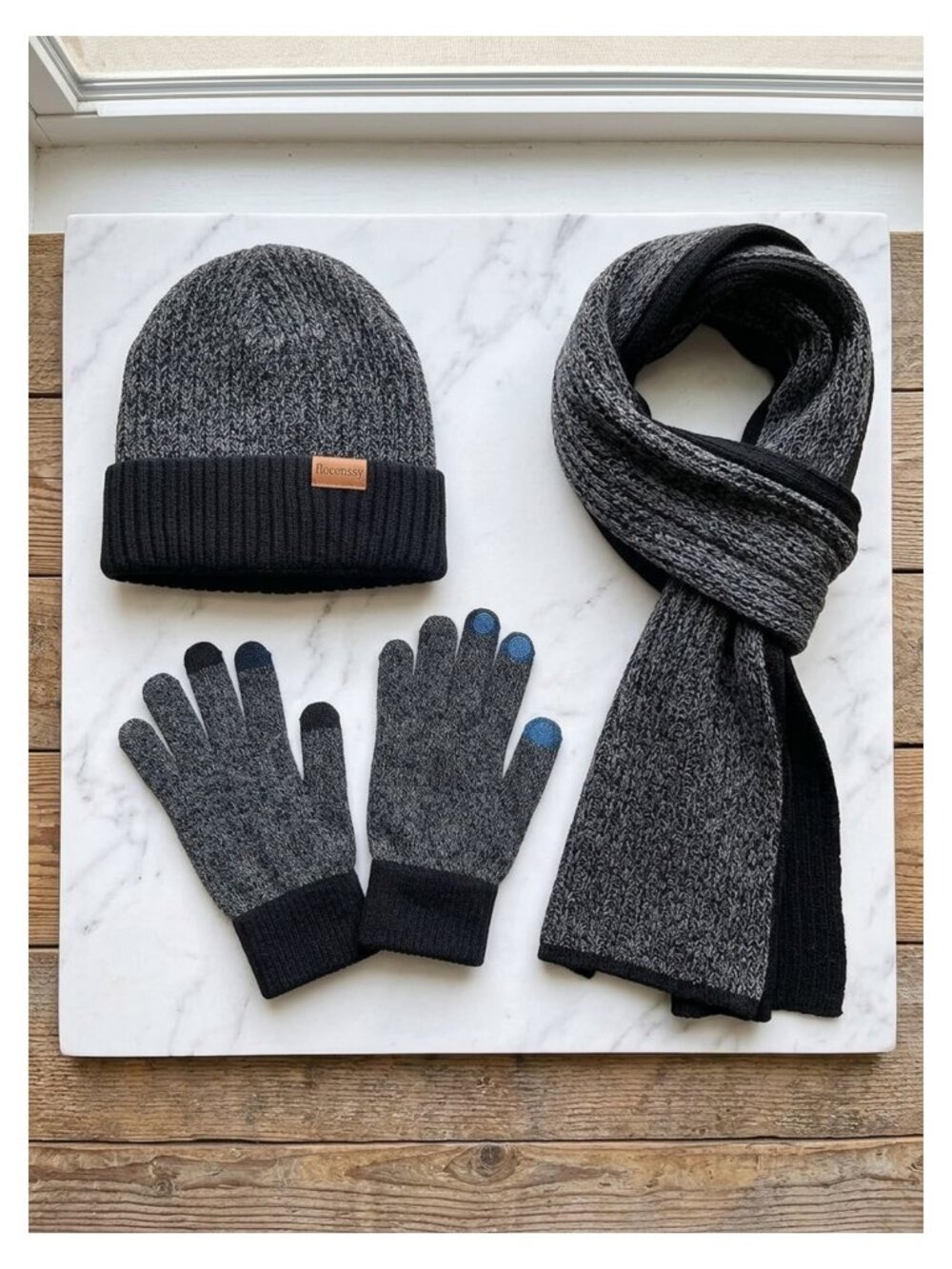 Men's Knit Winter Hat Scarf Gloves Set 3 Pc Thermal Fleece Lined Touchscreen